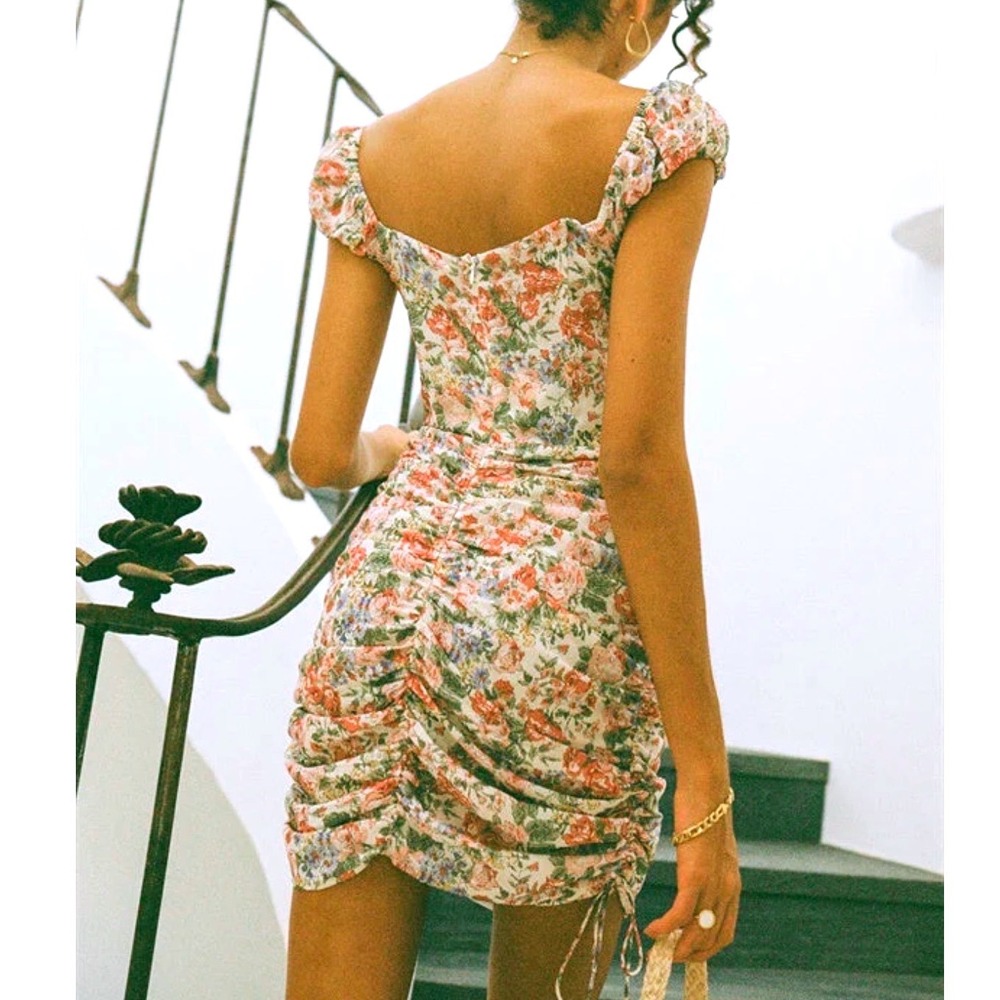 Sabo Skirt Floral Ruched Midi Dress in Cream, Pink, Green
